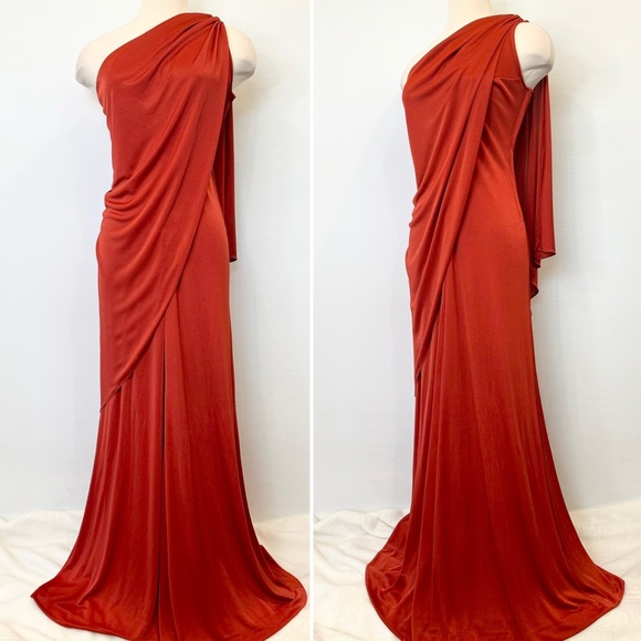 🌺SOLD🌺 Frederick’s of Hollywood Silky Satin Rust Column Maxi Gown Vintage Dress - Picture 5 of 11